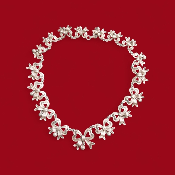 Antique Silver Filigree Bow Heart Link Necklace - Picture 3 of 10